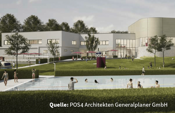 Gebäudeansicht und Außenschwimmbecken Ersatzneubau Multifunktionsbad