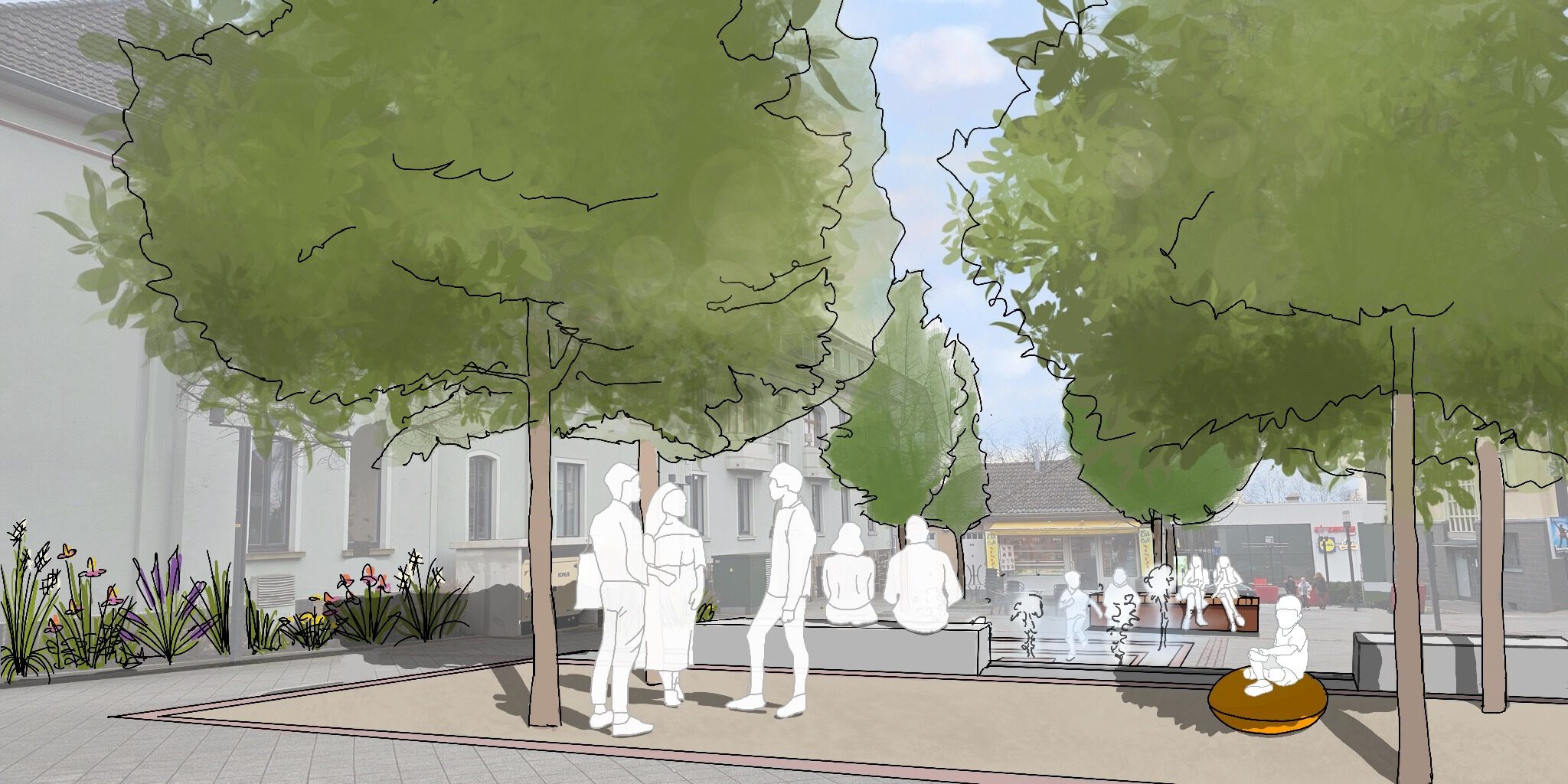 Perspektive Var. 2, Großkr. Bäume Planung Rathausachse mit großkronigen Bäumen, Blickrichtung Eisdiele